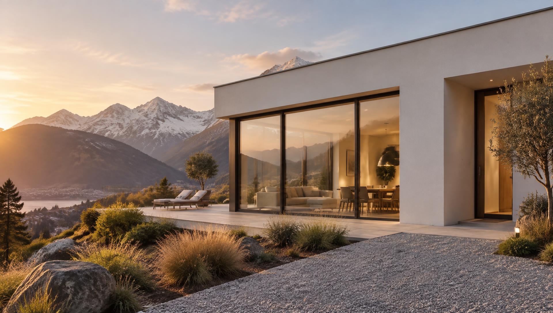 Maison contemporaine au crépuscule face aux montagnes (image d’illustration)